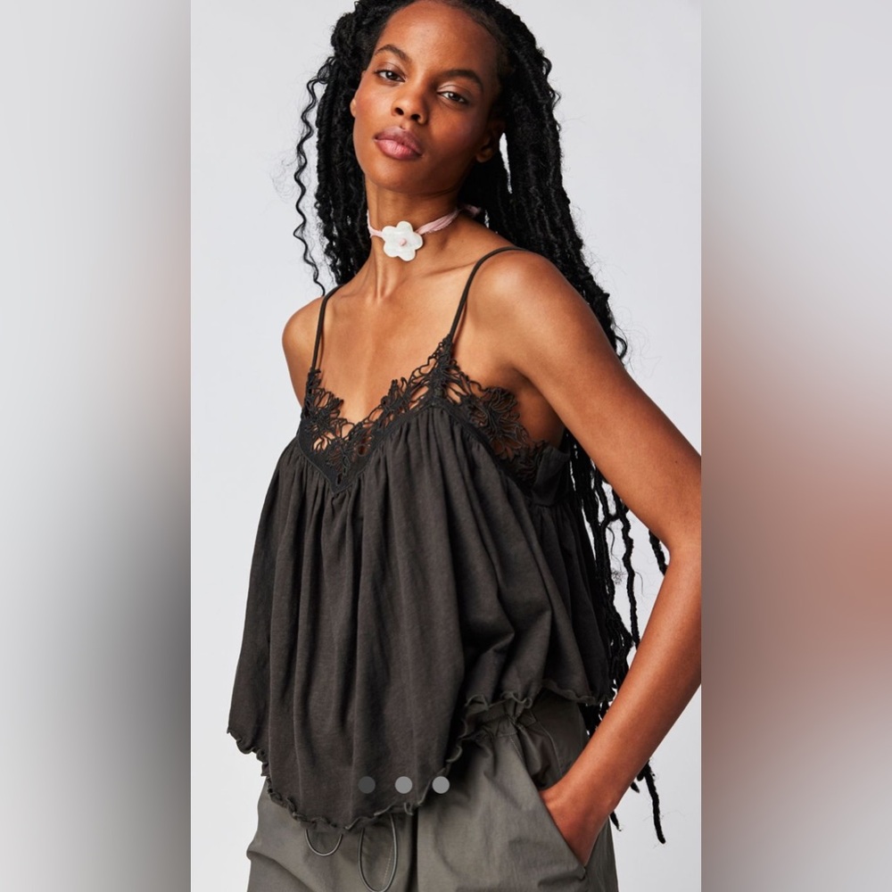 Free People Black Lace-Trim Spaghetti Strap Tank